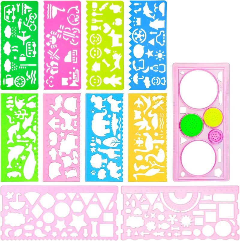 Acoavo 11Pcs Pink Colorful Art Painting Template for Drawing Geometric Drawings Templates with Bag Spiral Curve Stencils Rulers for Kids Drawing Stencils for Preschooler Student Classroom Learning Tool(Girl) - Image 2